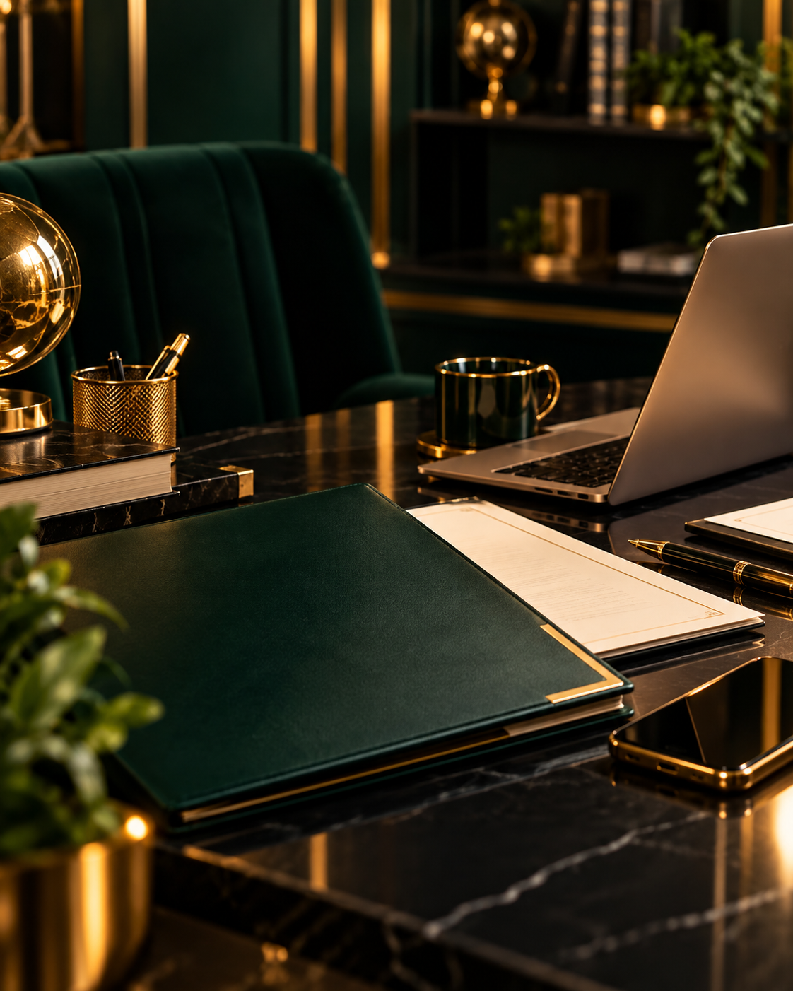 Legacy Financial executive business formation workspace with emerald leather folio, gold desk accents, and laptop