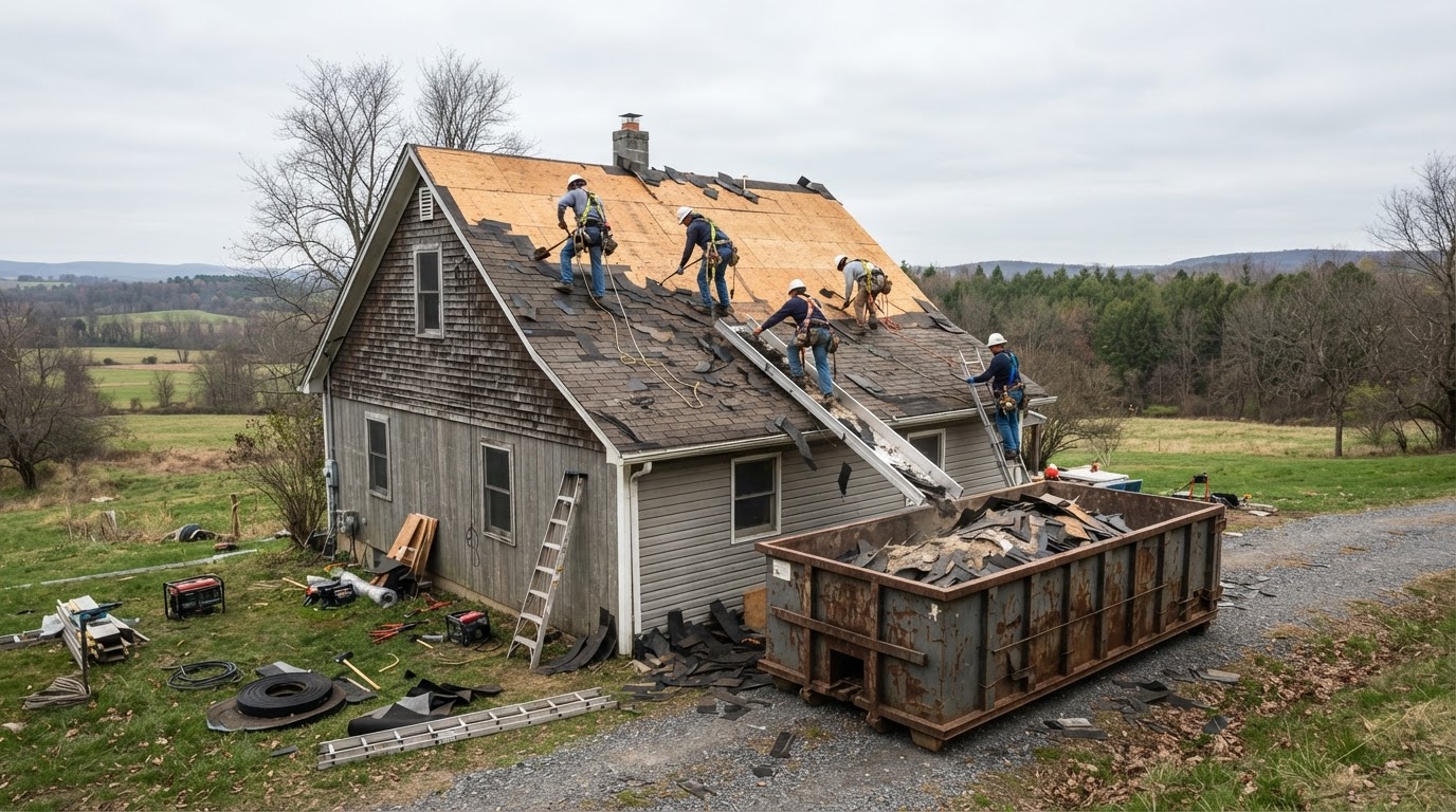 Roof tear-off shingles going into a roofing dumpster in Warren, PA