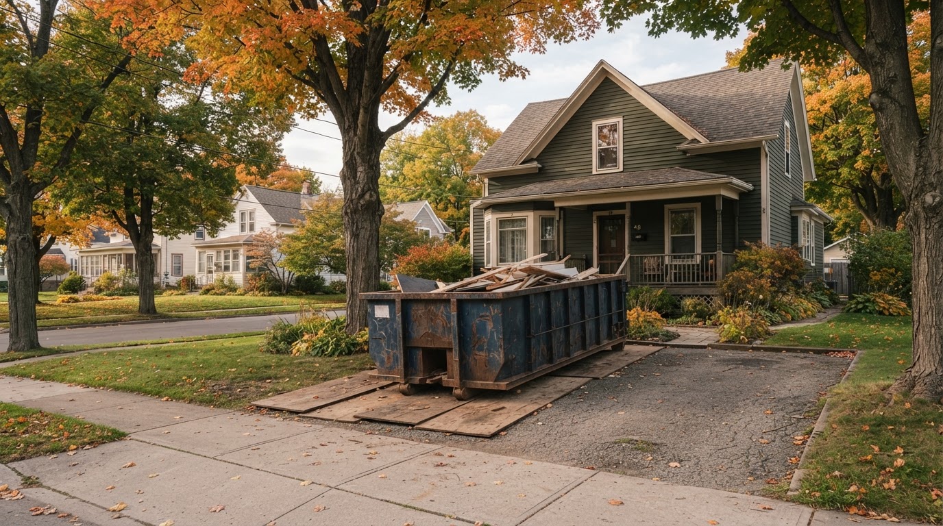 Roll-off dumpster in a driveway on a residential street in Jamestown, NY