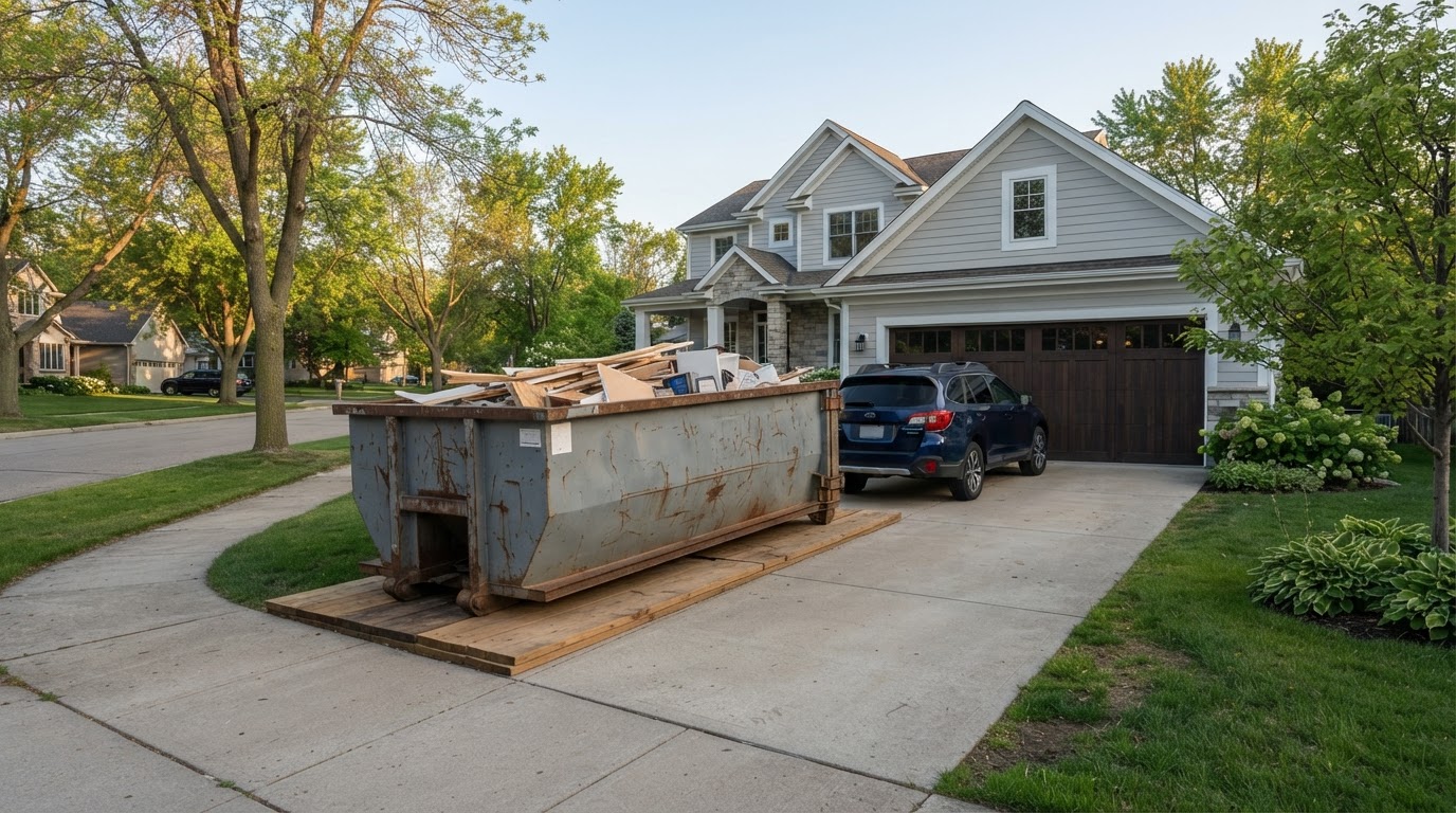 Rental dumpster placed on boards in a Warren, PA driveway with room to spare