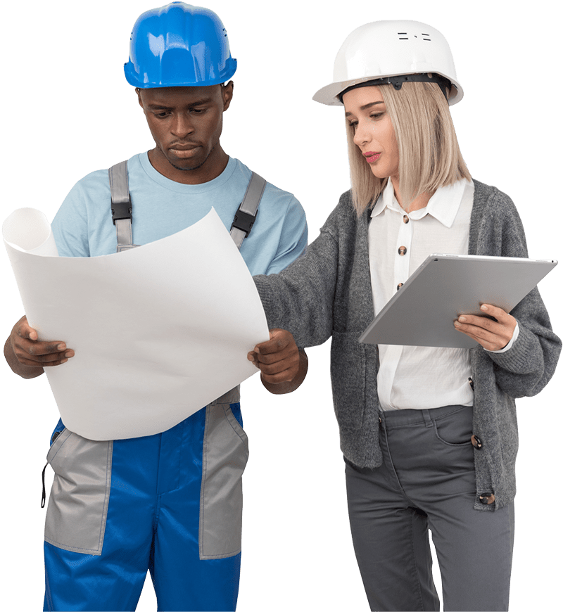 Aprendices técnicos con casco y tableta para visa H-3