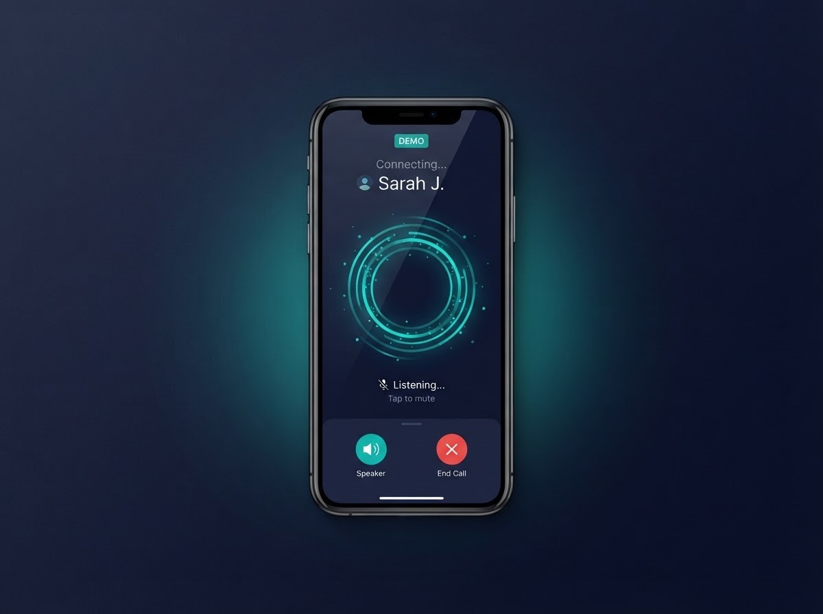 Illustrative preview of the RYVEA voice assistant demo experience on a phone
