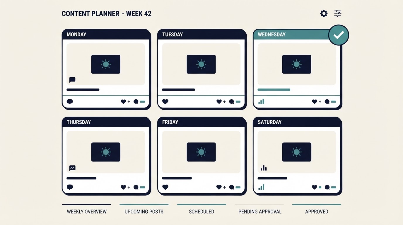 Illustrative preview of a planned monthly social content board with post cards and an approval step
