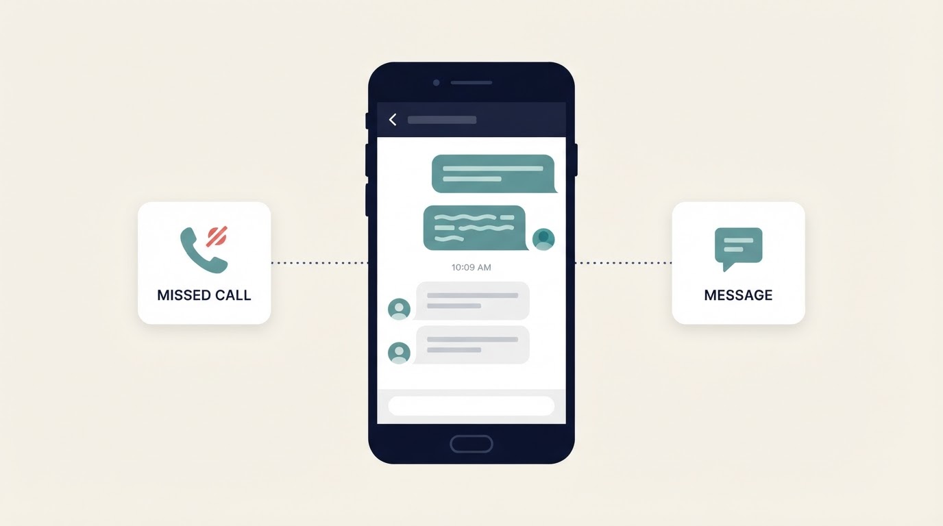 Illustrative missed-call text-back workflow: a missed call, an acknowledgment text, a customer reply, and a next-step response