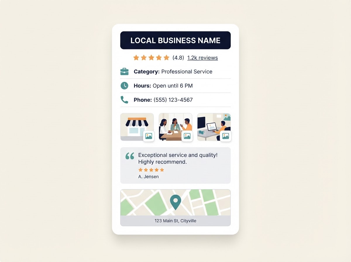 Illustrative local business profile preview showing business details, reviews, photos, and a map location