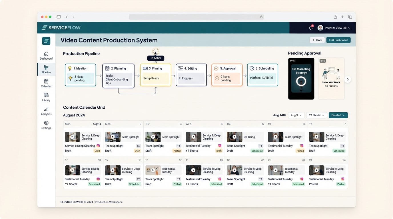 Illustrative system showing short-form video frames moving through a content production pipeline with a content calendar and an approval step