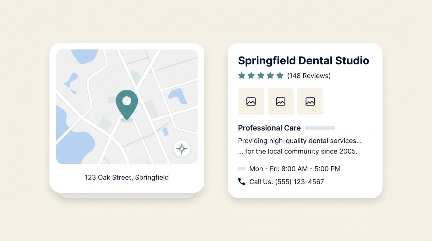 Illustrative preview of a local business profile card with map pin, reviews, and photos