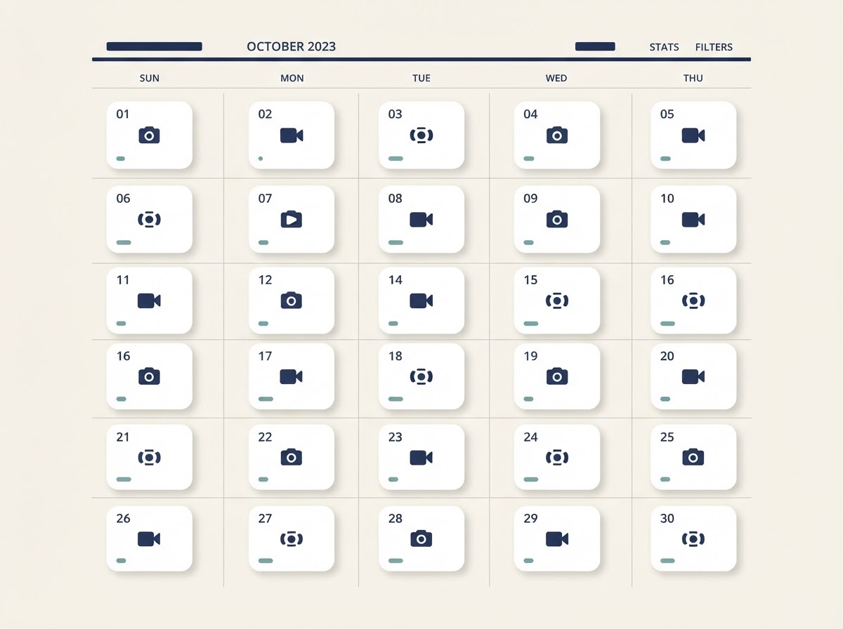 Monthly content calendar grid showing all 30 content pieces numbered 01 through 30