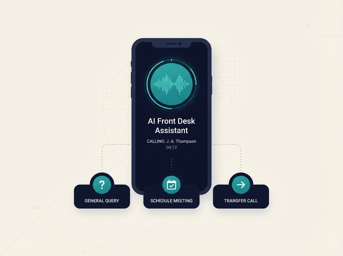 Illustrative call-handling flow: an active call with the assistant, followed by routing options for questions, scheduling, and handoff