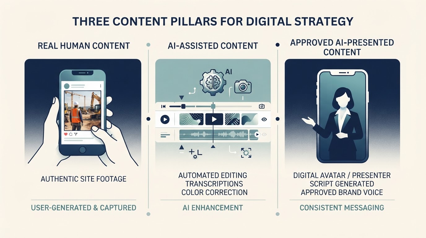 Diagram of three content pillars: real human content, AI-assisted content, and approved AI-presented content