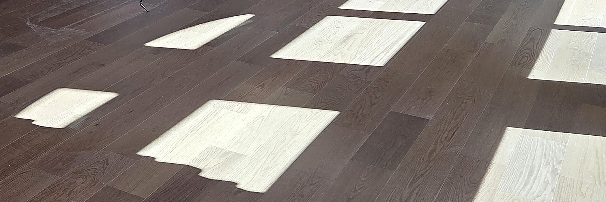 Sunlight across dark wood plank flooring