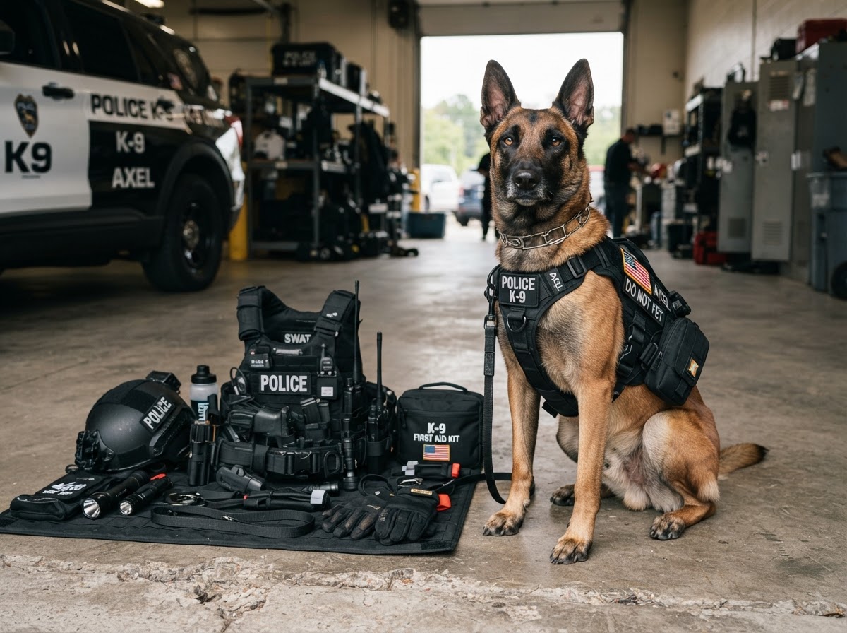 Belgian Malinois K-9 working service dog with tactical duty harness
