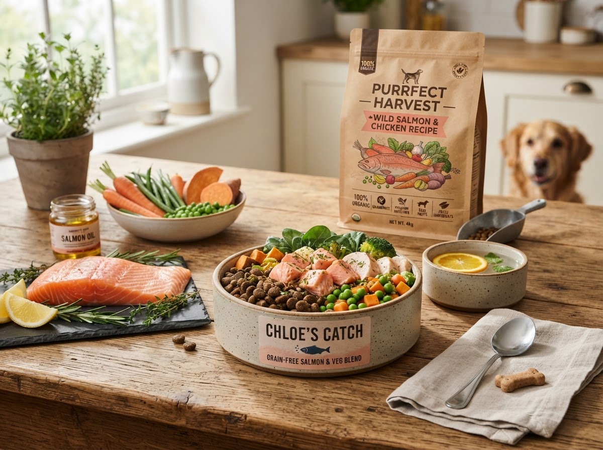 Premium organic pet nutrition with salmon, lean meats, and wholesome kibble
