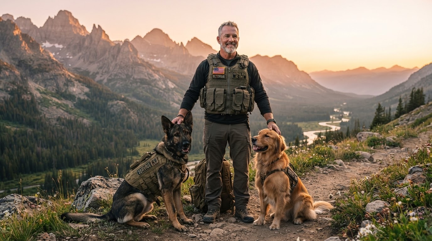 German Shepherd working dog and dedicated veteran handler in tactical vest at golden hour