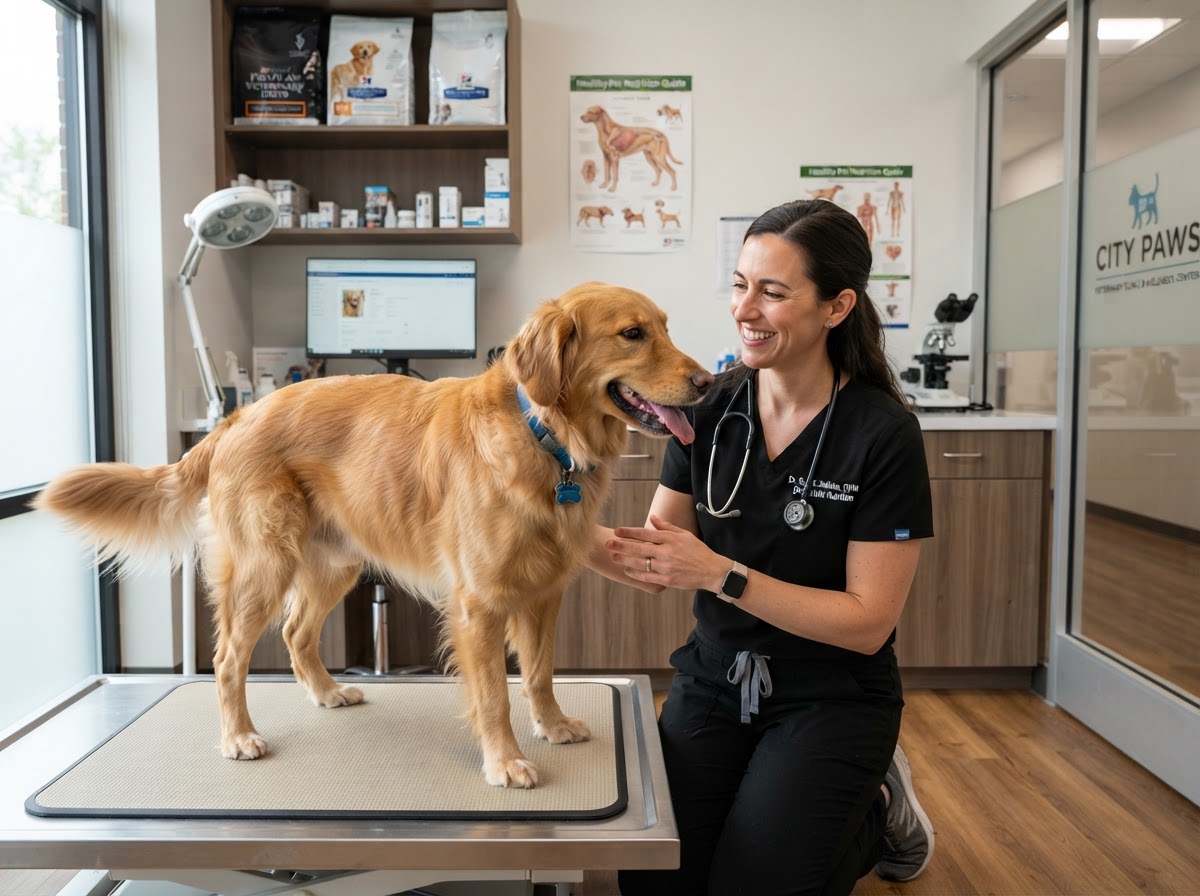 Veterinarian examining a happy golden retriever in modern clinical care facility