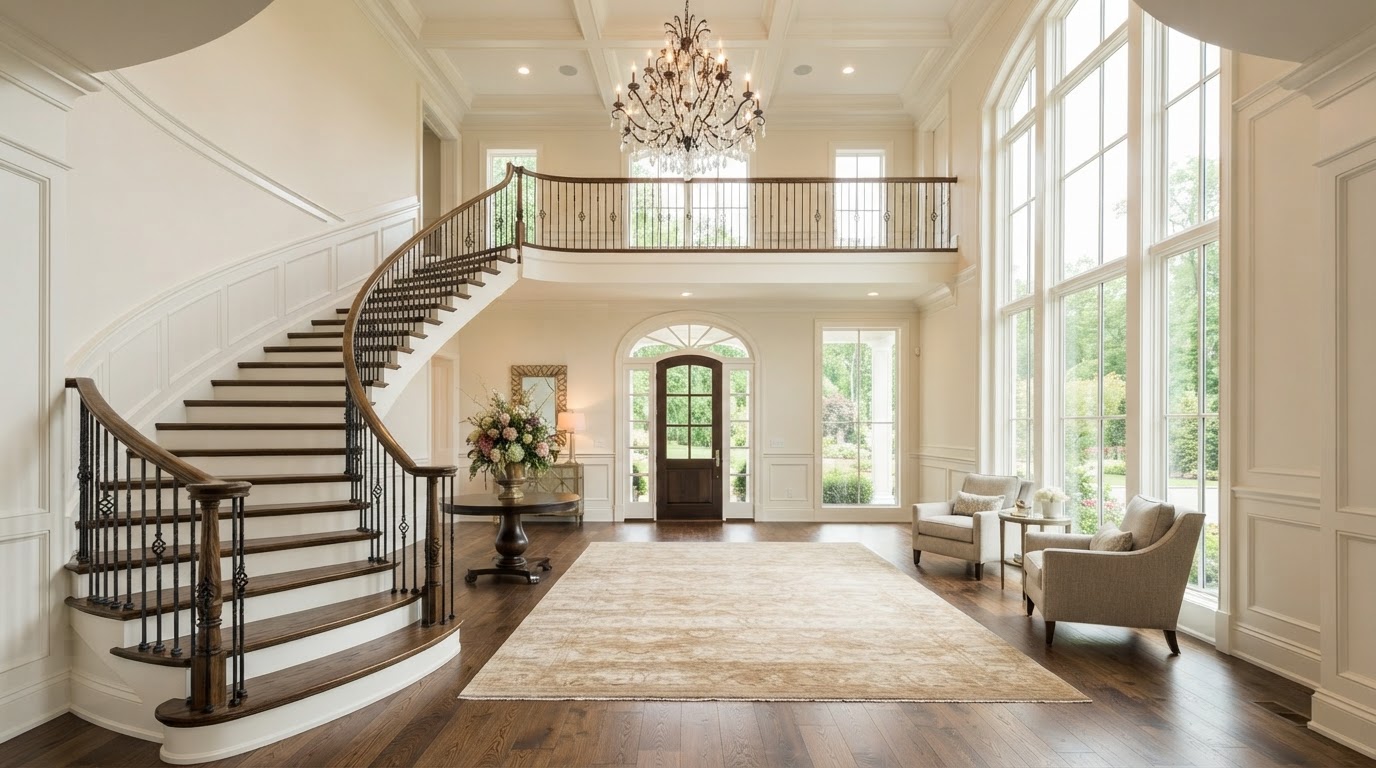 Bright two-story interior of a luxury home