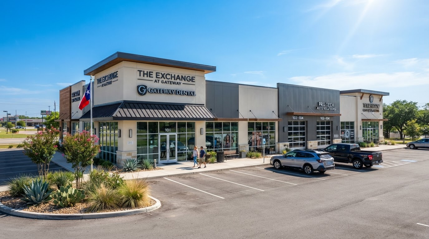 Small commercial retail building on a sunny day