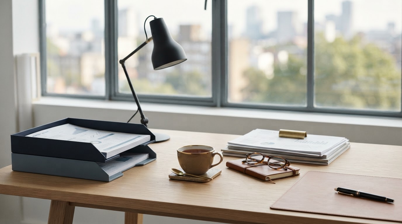 A calm, organized professional workspace with neatly arranged financial documents and soft natural light