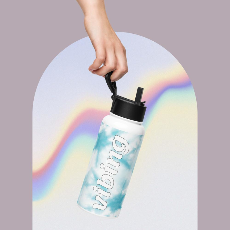 vibing stainless steel water bottle with a straw lid