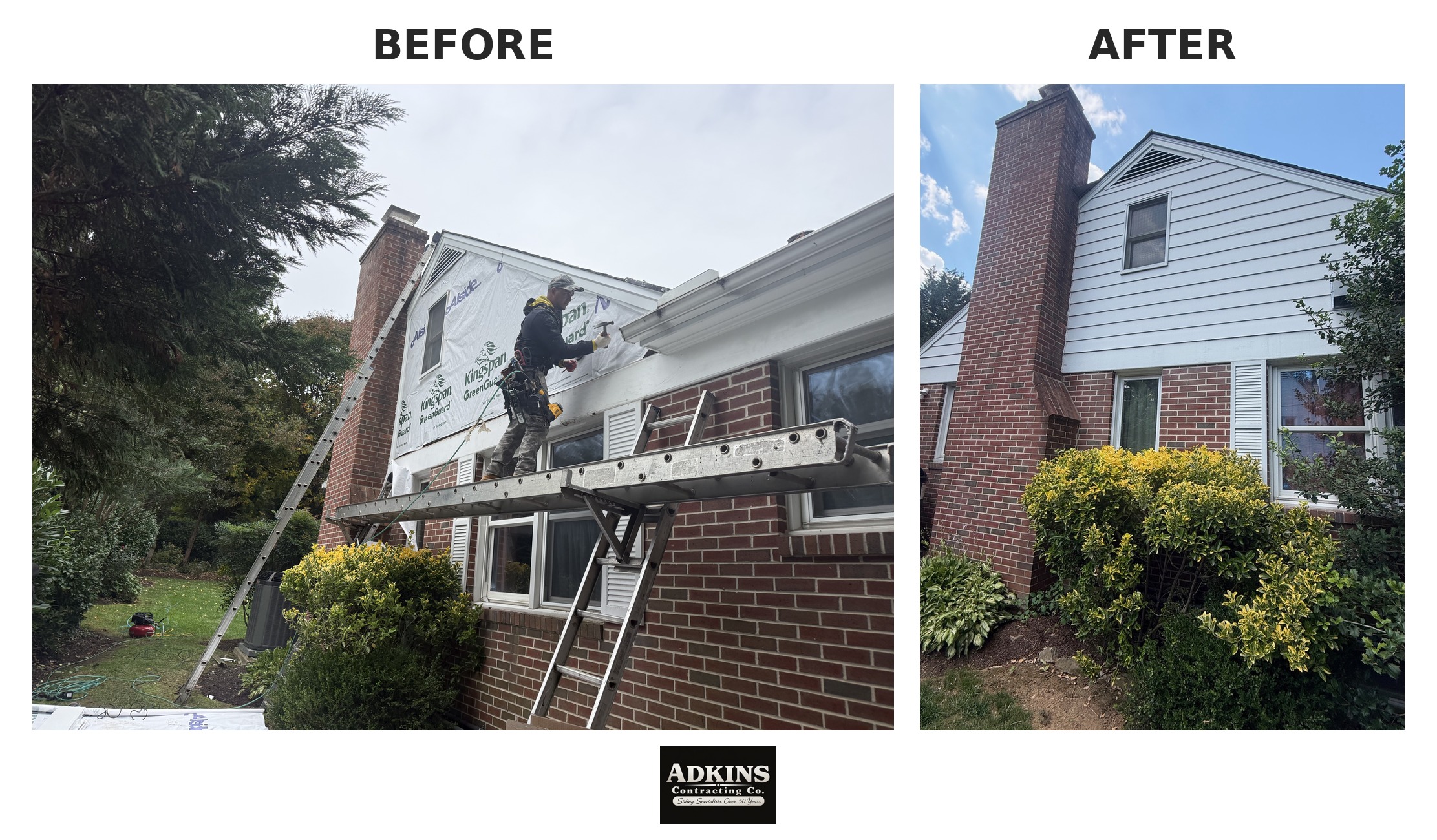 Before and after gable siding and chimney renovation by Adkins Contracting