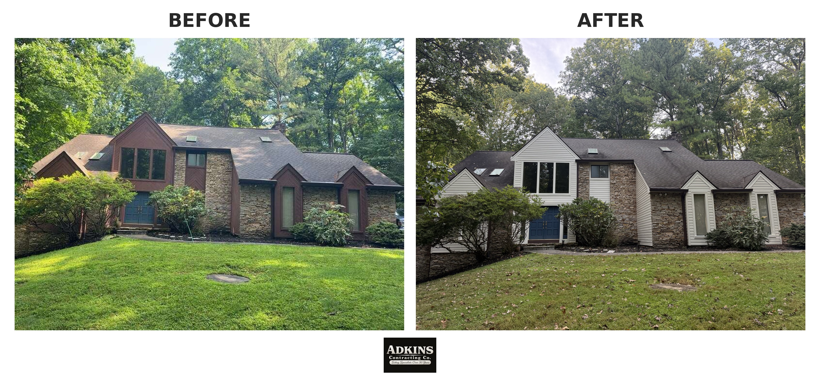 Before and after front exterior siding transformation by Adkins Contracting