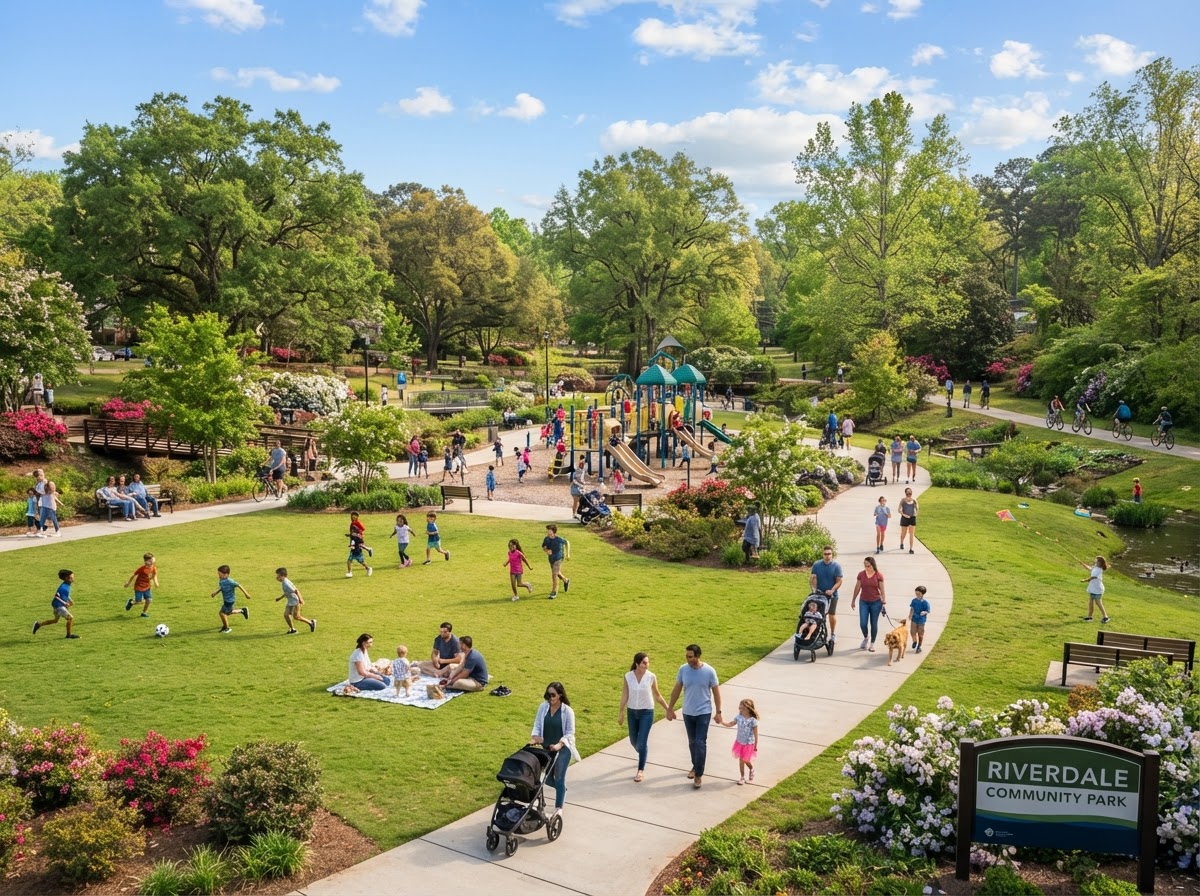 Families and people enjoying outdoor activities at a vibrant local park on a sunny day