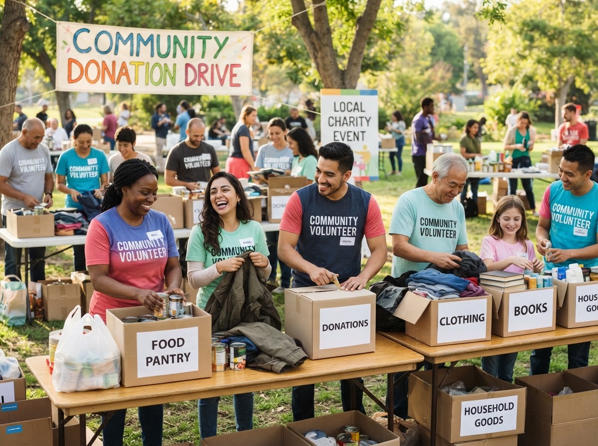 Community volunteers working together at a local charity event