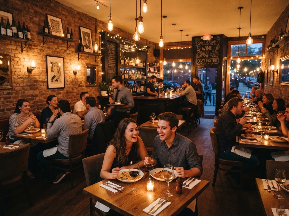 Cozy local restaurant interior with warm lighting and people enjoying a meal