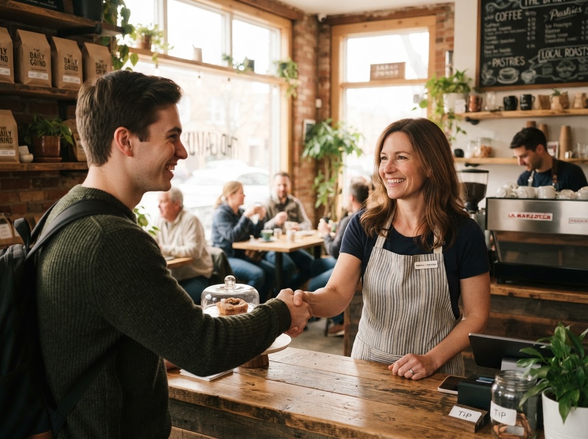 A welcoming local small business owner shaking hands with a potential new team member in a bright, warm storefront