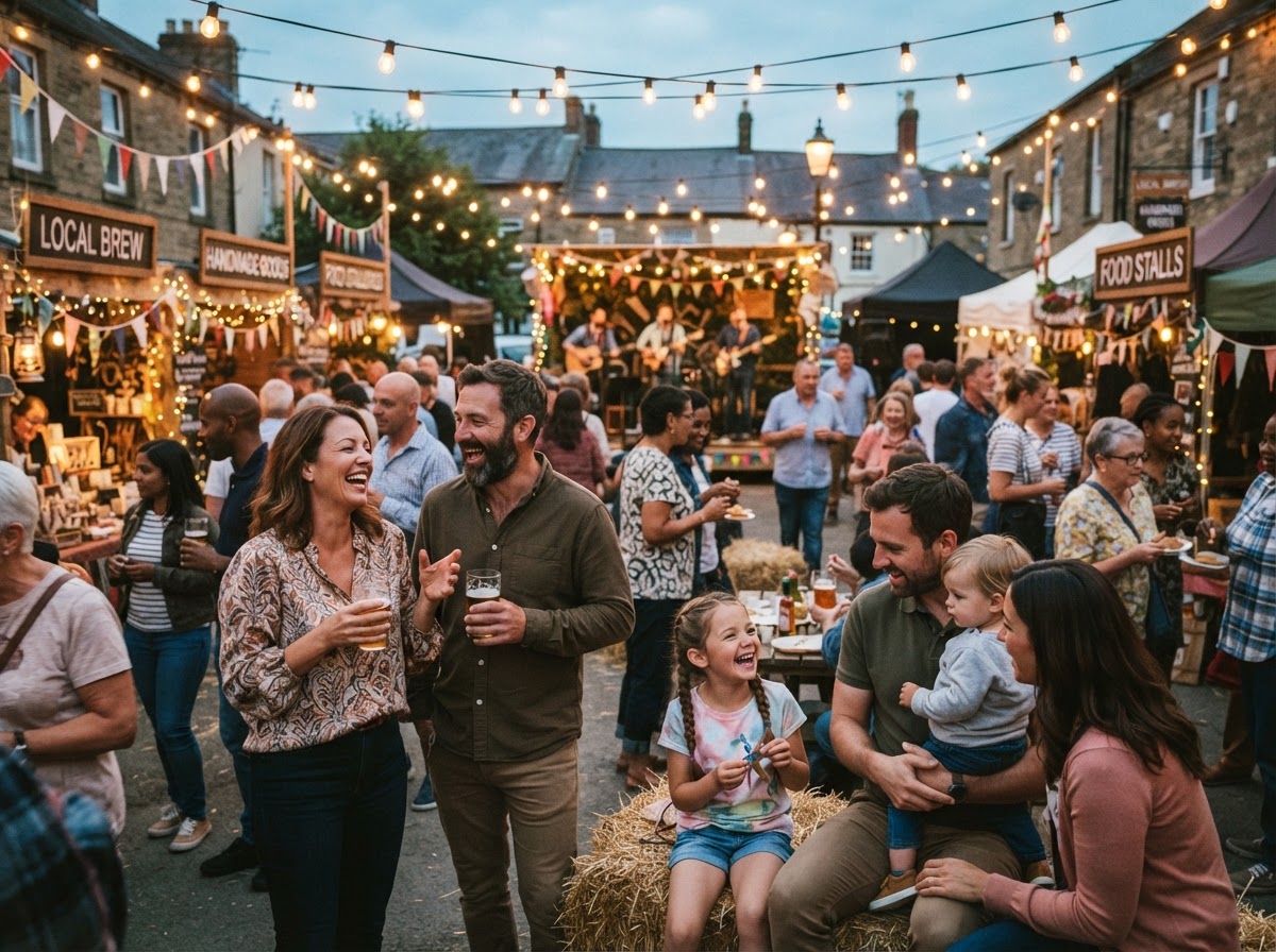 A lively community gathering at a local festival with people enjoying a creative outdoor event together under string lights