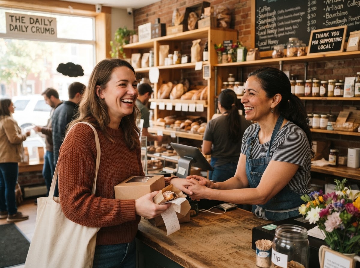 A person smiling while receiving a heartfelt thank-you from a local business owner, enjoying a rewarding community-centered experience