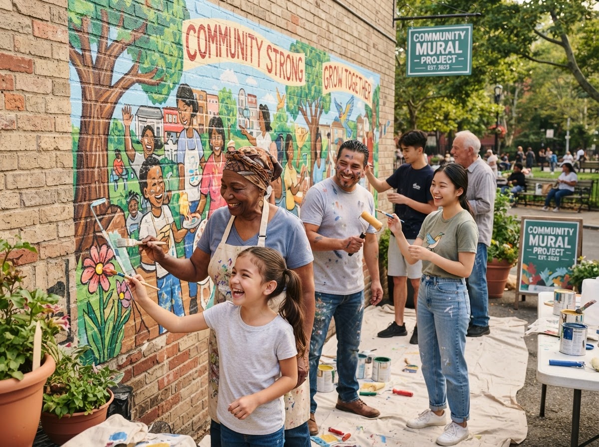 Diverse volunteers of different ages working together on a meaningful community project, packing donations and planting a community garden