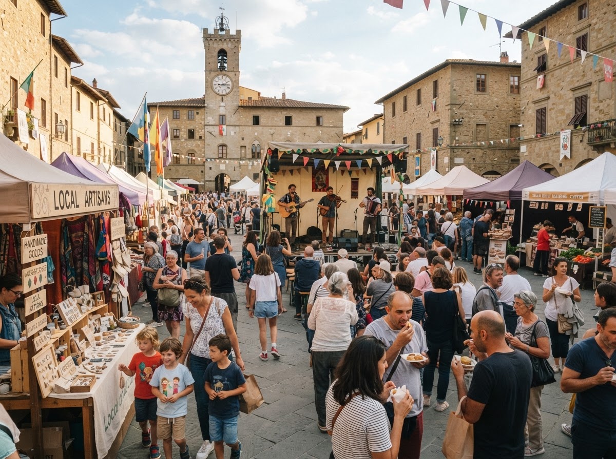 A vibrant local weekend event with people gathering around market stalls and a small stage