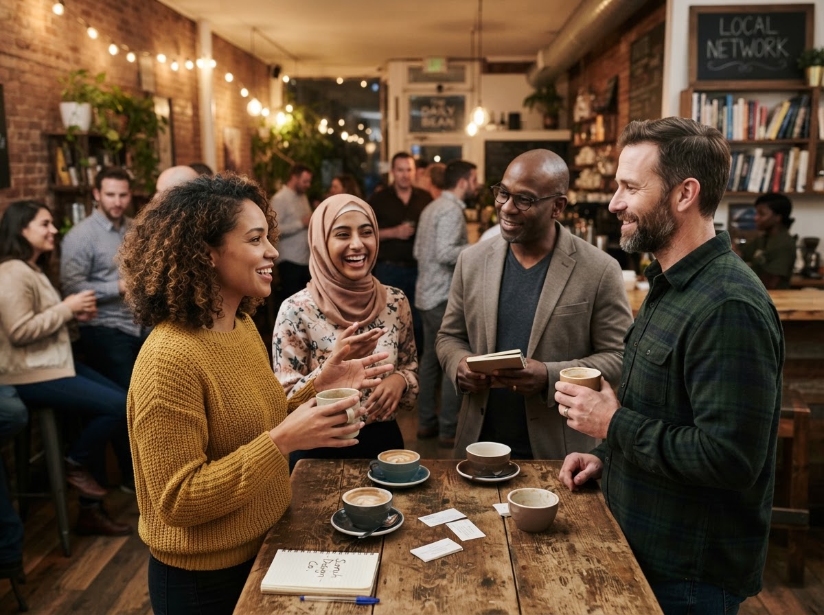 Professionals, entrepreneurs, and small business owners making genuine connections over coffee at a relaxed local networking gathering