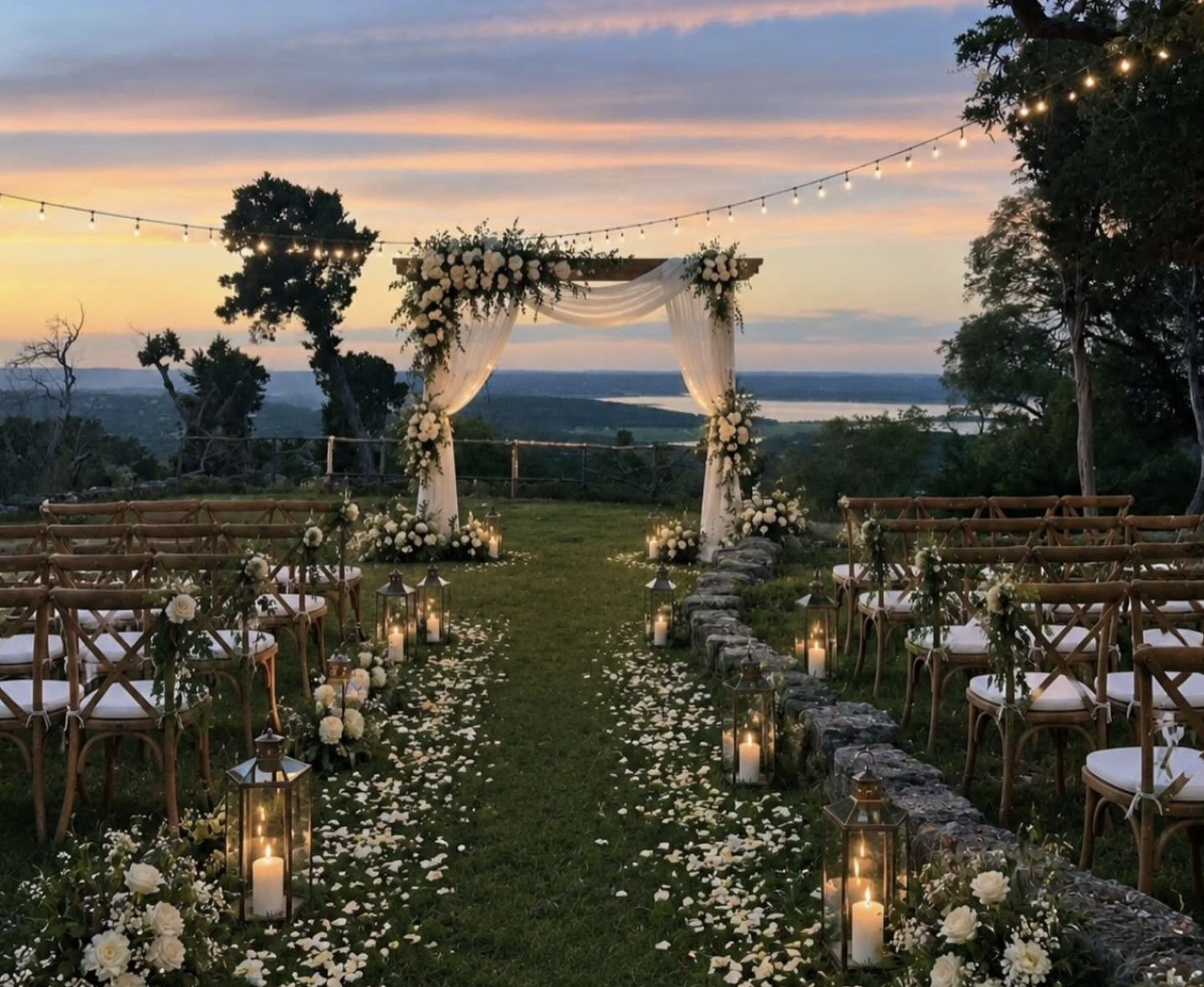Outdoor wedding ceremony altar with wooden arch draped in florals and sheer fabric, candle lanterns along a rose-petal lawn aisle, and cross-back chairs overlooking Canyon Lake at golden hour