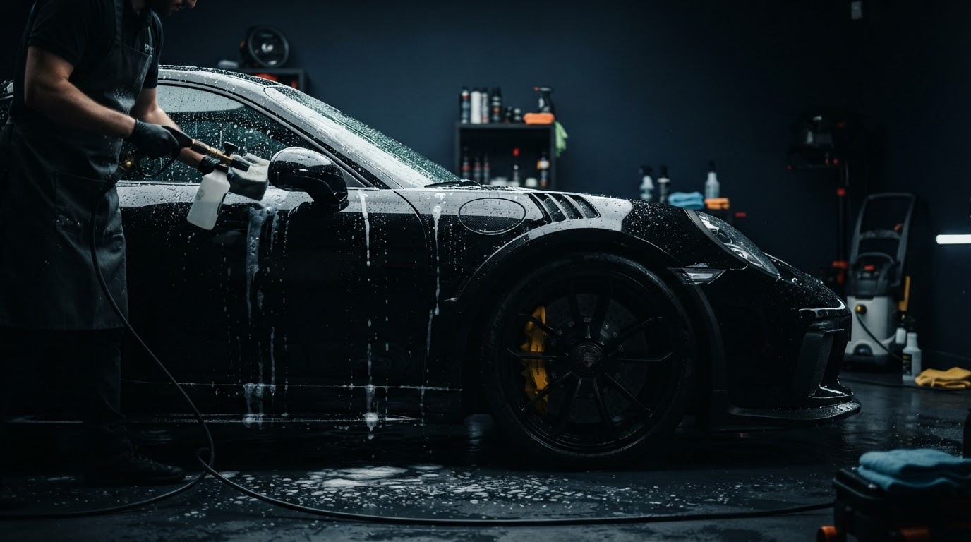 Luxury black sports car mid-detail in a dark studio