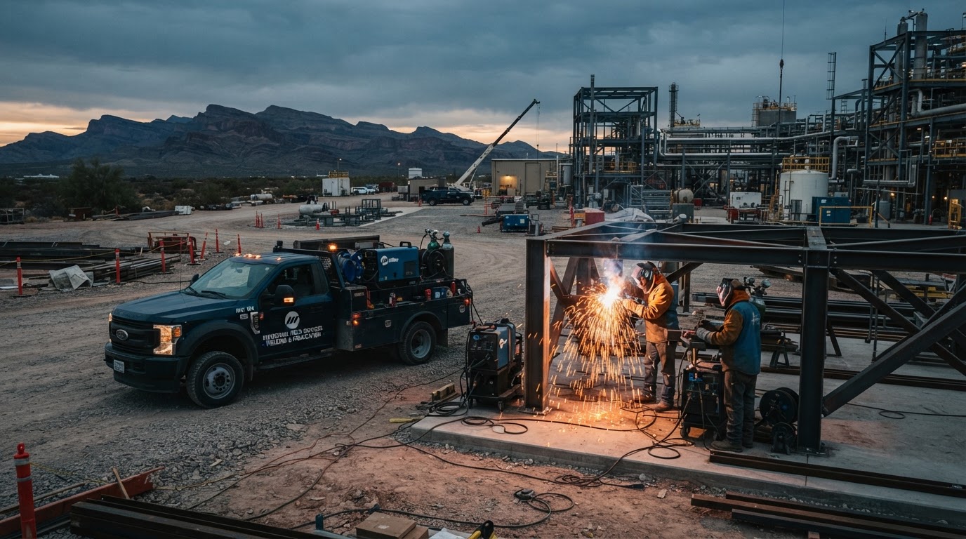 Mobile welding truck and crew working on-site at an industrial facility with mountains in the distance