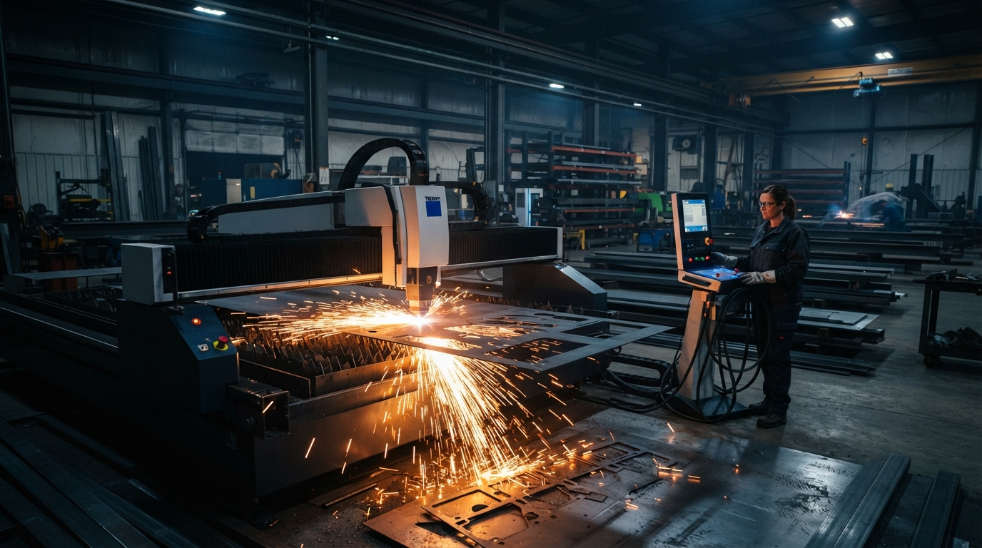 CNC laser cutting machine cutting steel sheet with bright orange sparks in a fabrication shop