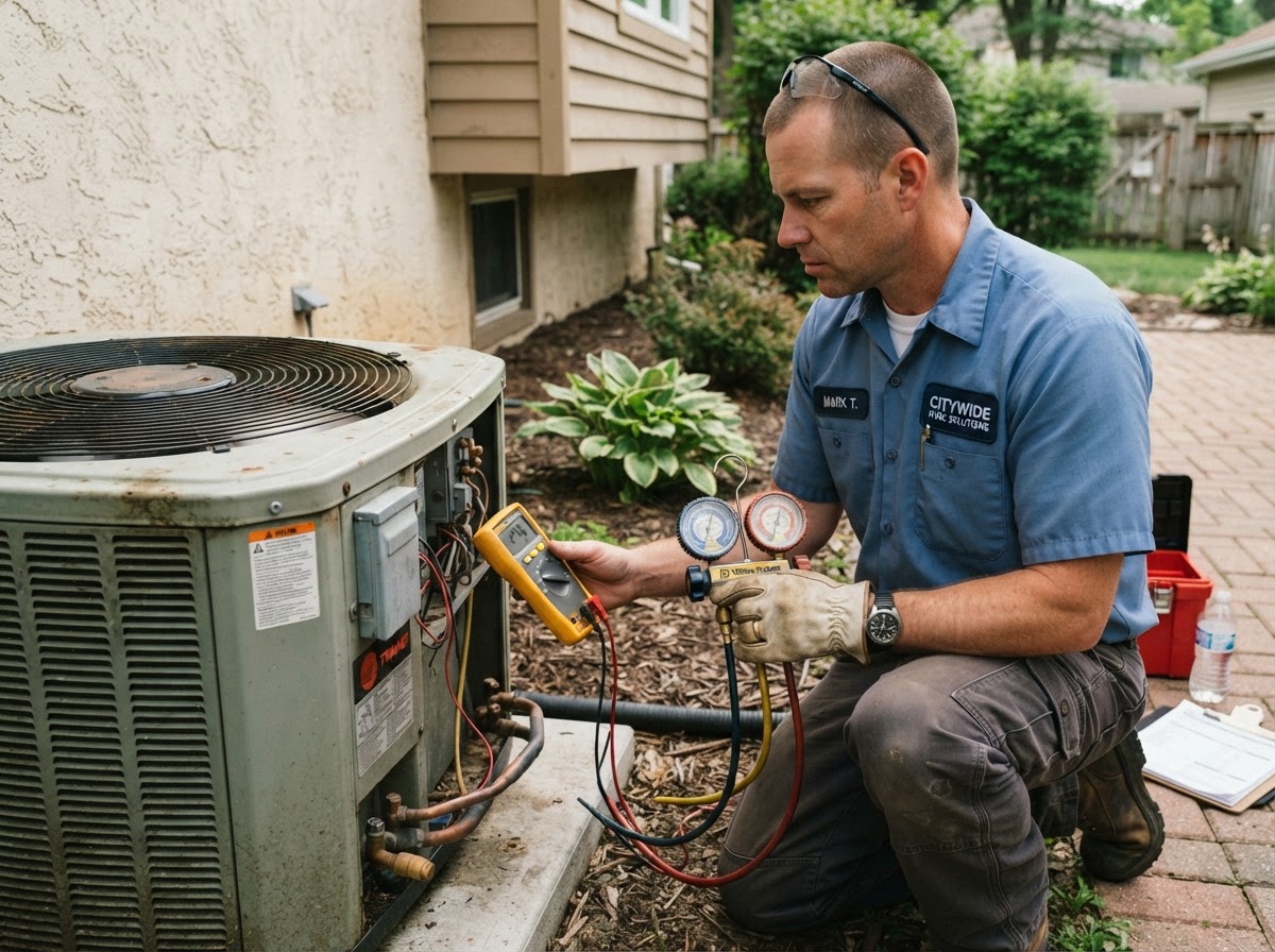 A1 Precision technician inspecting an outdoor air conditioning condenser