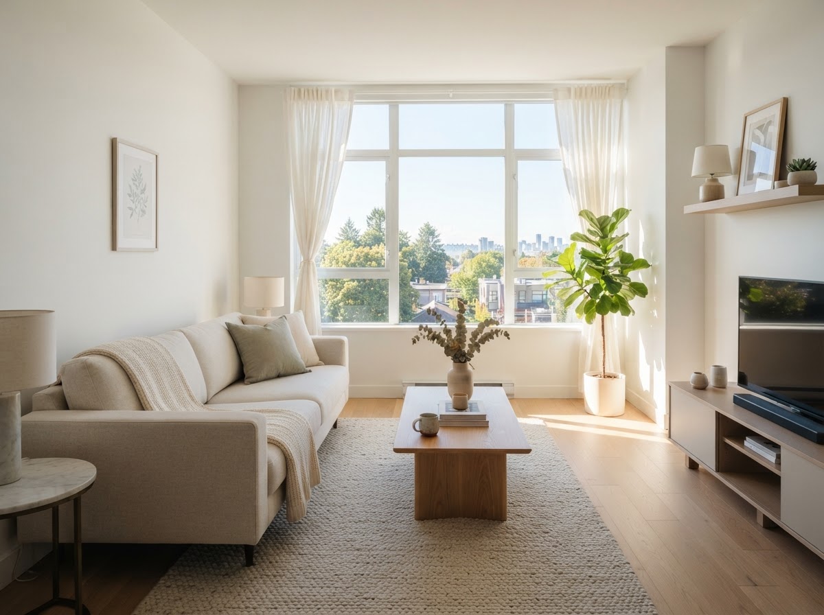 Spotless apartment living room with natural light in Lewisville, TX cleaned by Esther's House Cleaning Services