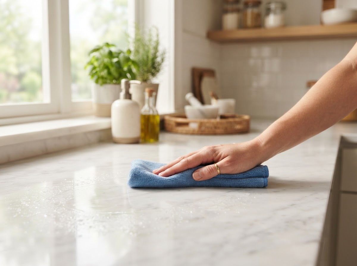 Cleaning a kitchen countertop during a deep clean by Esther's House Cleaning Services in The Colony, TX