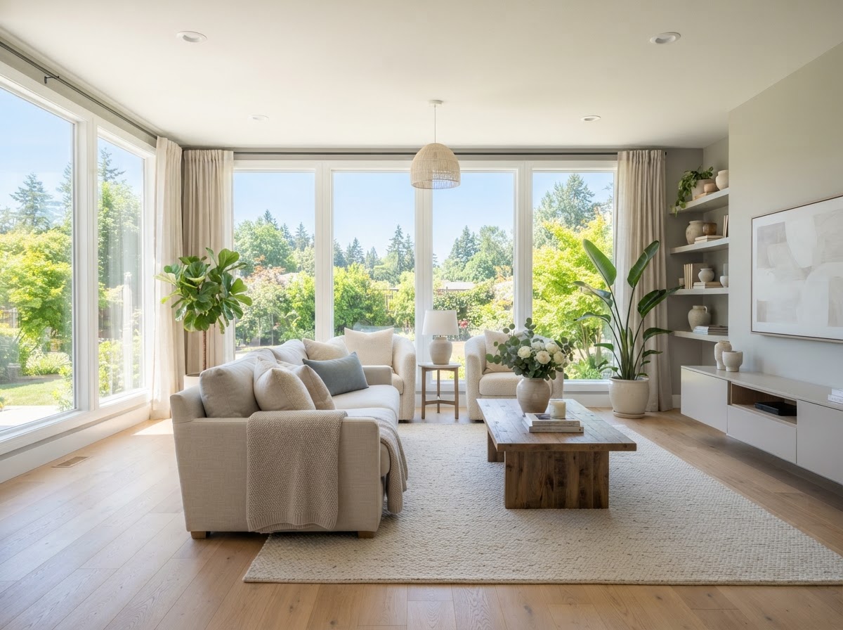 Bright, airy living room with big windows and natural light in Little Elm, TX cleaned by Esther's House Cleaning Services