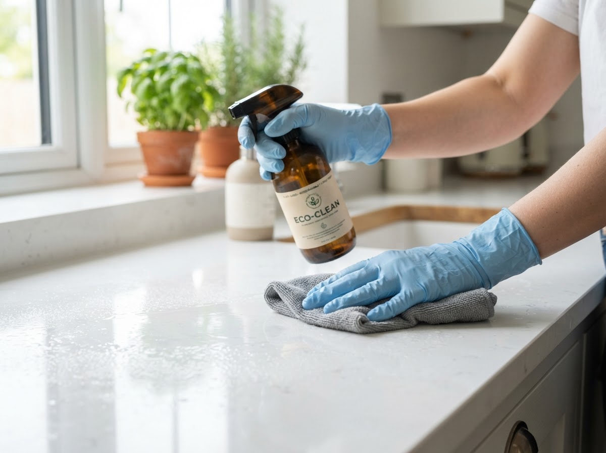 Gloved hands cleaning a kitchen surface by Esther's House Cleaning Services in The Colony, TX