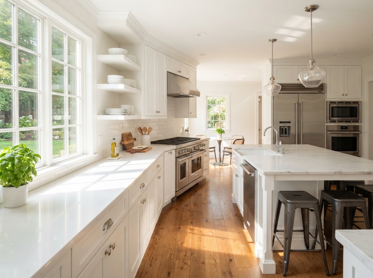 Bright, spotless kitchen freshly cleaned by Esther's House Cleaning Services in The Colony, TX