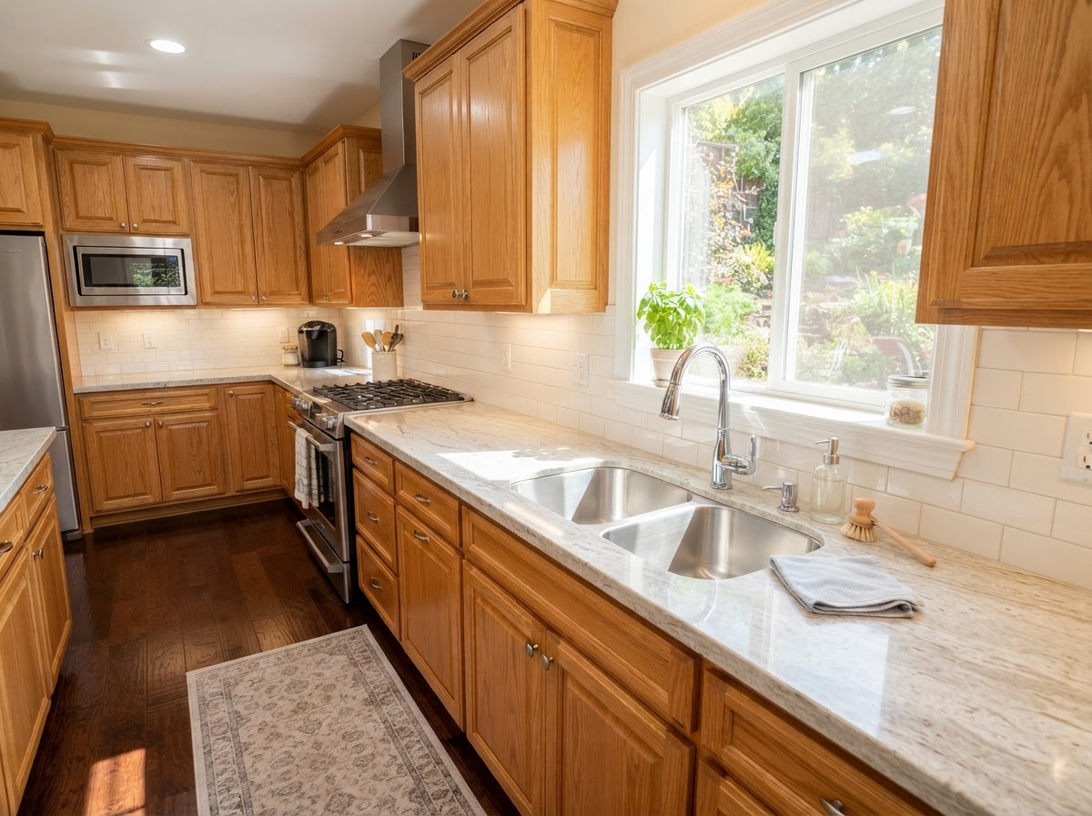 Bright, freshly cleaned kitchen with classic cabinets in Carrollton, TX cleaned by Esther's House Cleaning Services