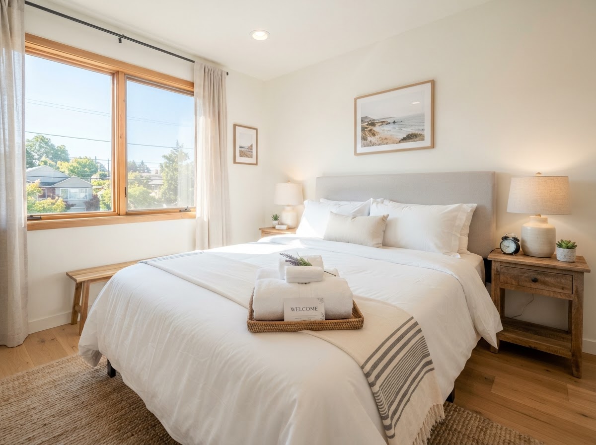 Bright, freshly made guest bedroom with neatly folded towels for an Airbnb turnover by Esther's House Cleaning Services in The Colony, TX