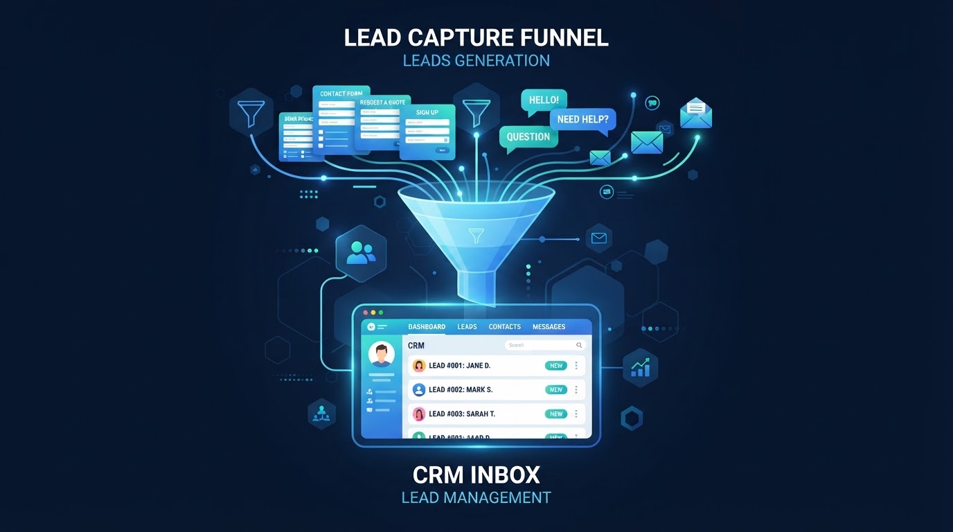 Stylised lead capture funnel with enquiry forms and chat bubbles flowing into a CRM inbox
