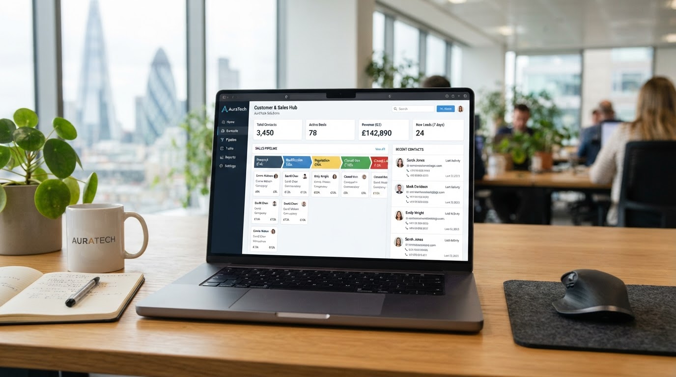 A modern CRM dashboard on a laptop showing customer contacts and a sales pipeline
