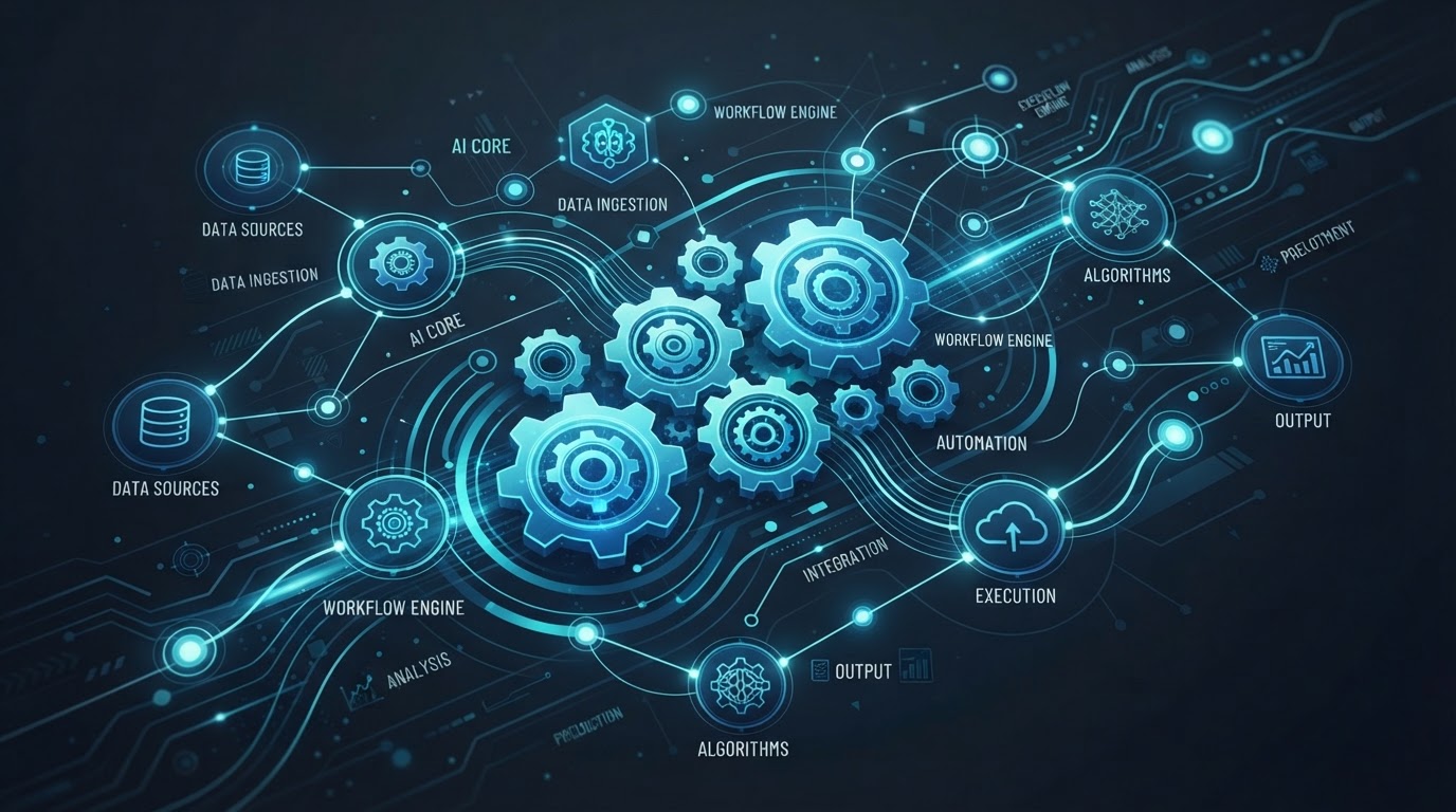 Abstract illustration of AI automation workflows with connected nodes and flowing lines