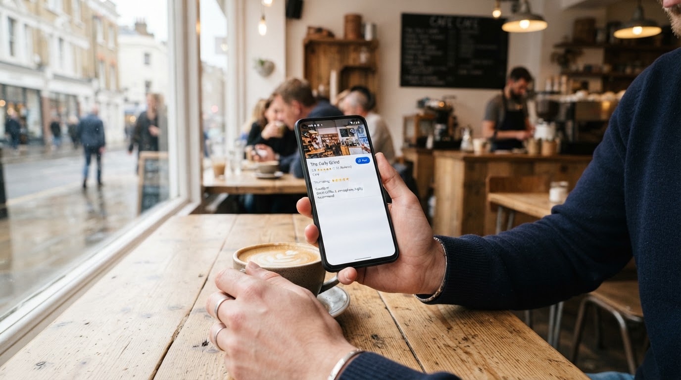 Customer holding a smartphone showing a five-star Google review screen in a UK cafe
